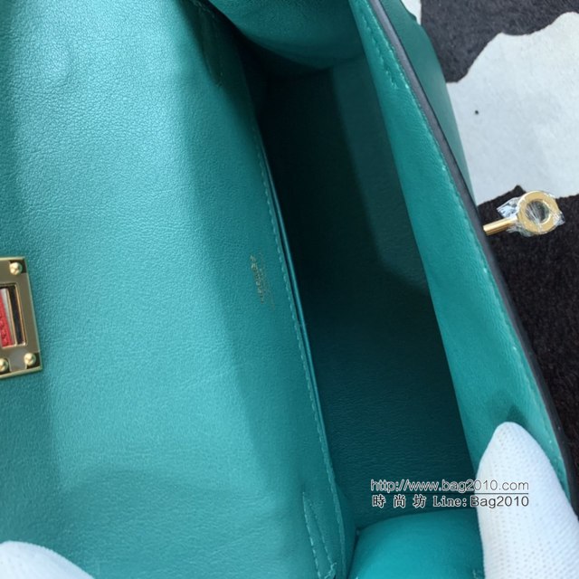 Hermes凱利女包 愛馬仕Minikelly pochette一代 原廠進口swift皮 半手工蠟線 孔雀綠 金銀扣  tdh2268